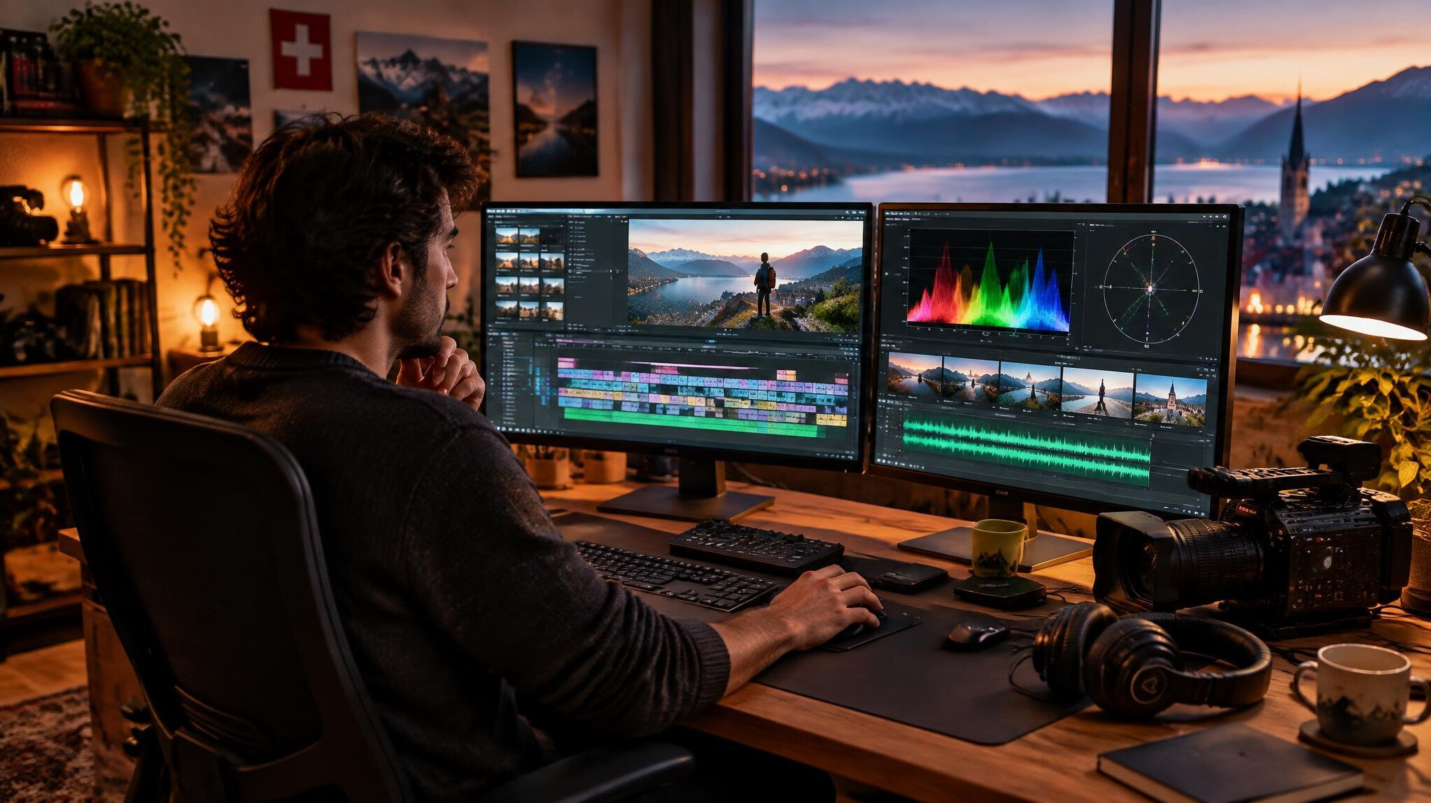 Video editor working on a multi-monitor editing timeline in a warm-lit studio