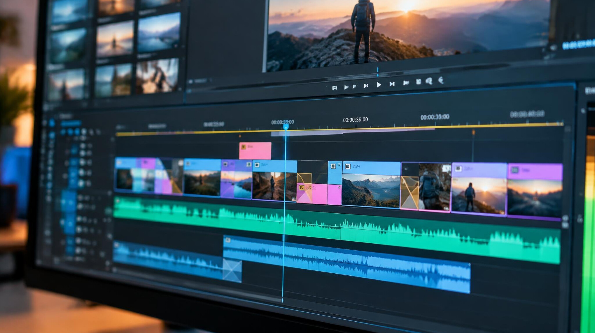 Close-up of a colourful video editing timeline with clips and waveforms on a monitor